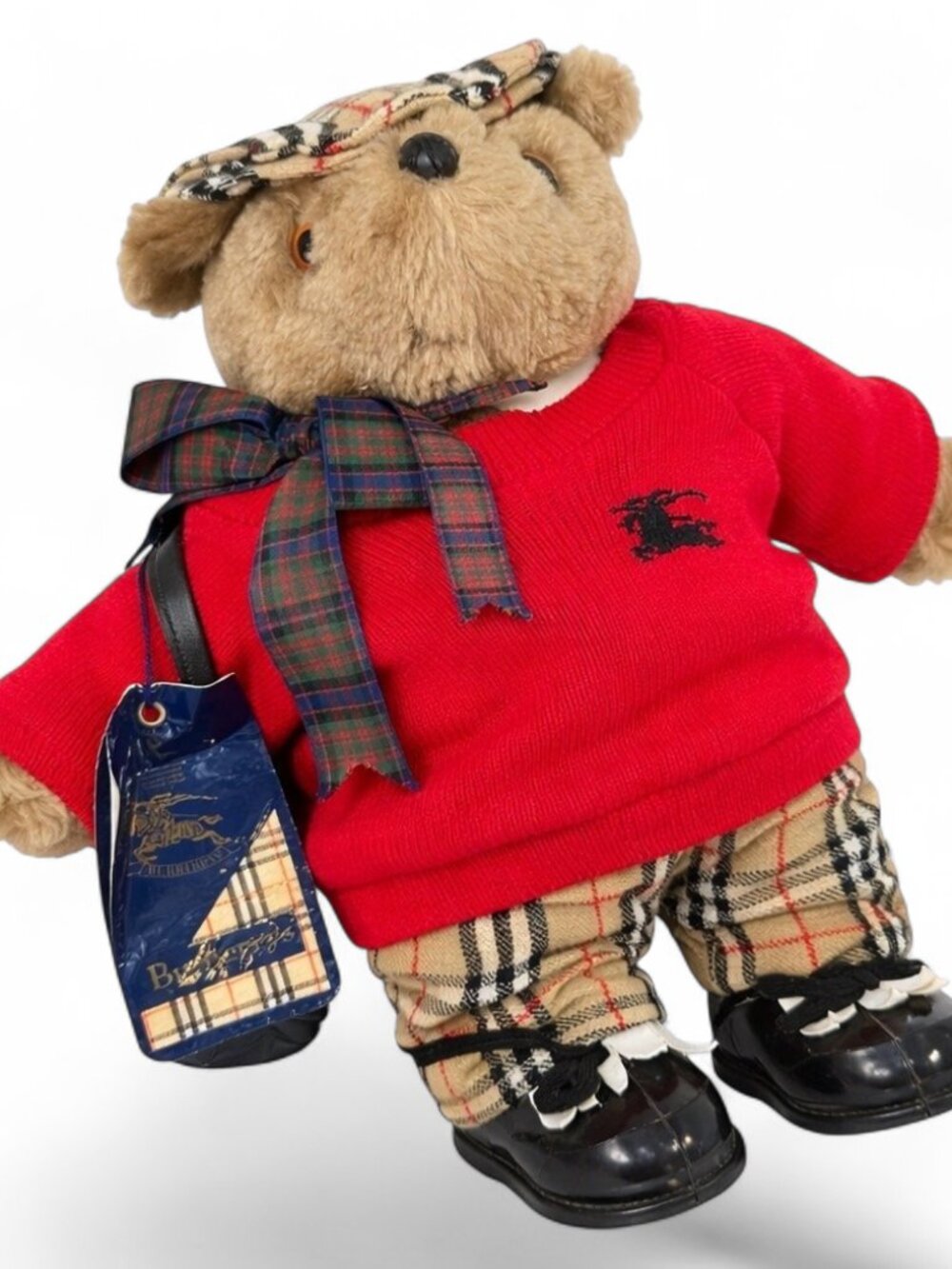Burberrys Vtg Teddy Bear ALAN England Red Knit Sweater Nova Check Golf Outfit